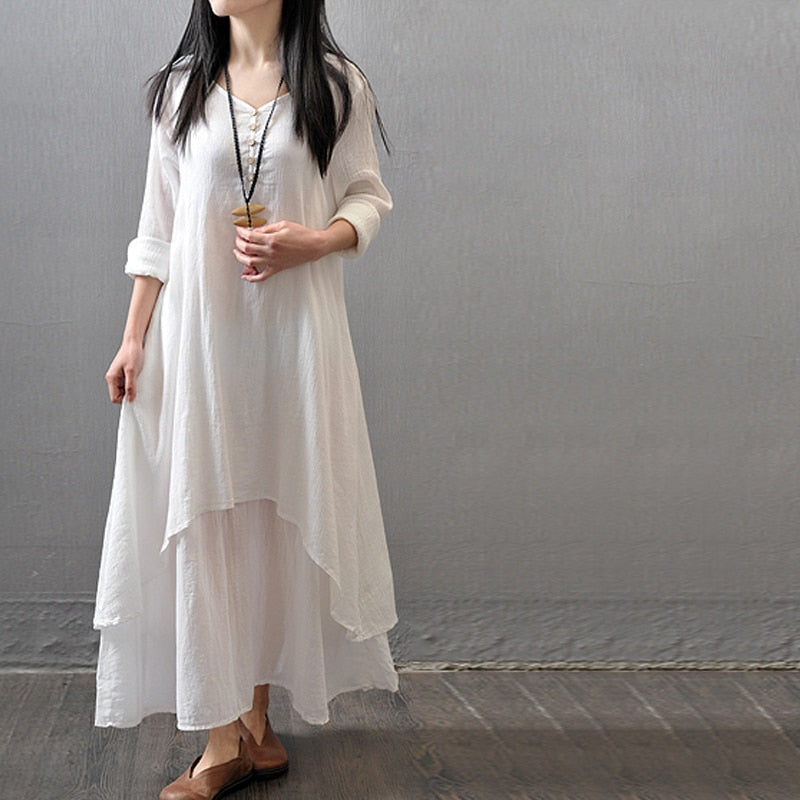 Summer Women Boho Vintage Kaftan Loose Gypsy Maxi Dress Fake Two-piece Literary Irregular Large Swing Dress Robe