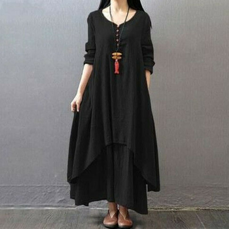 Summer Women Boho Vintage Kaftan Loose Gypsy Maxi Dress Fake Two-piece Literary Irregular Large Swing Dress Robe
