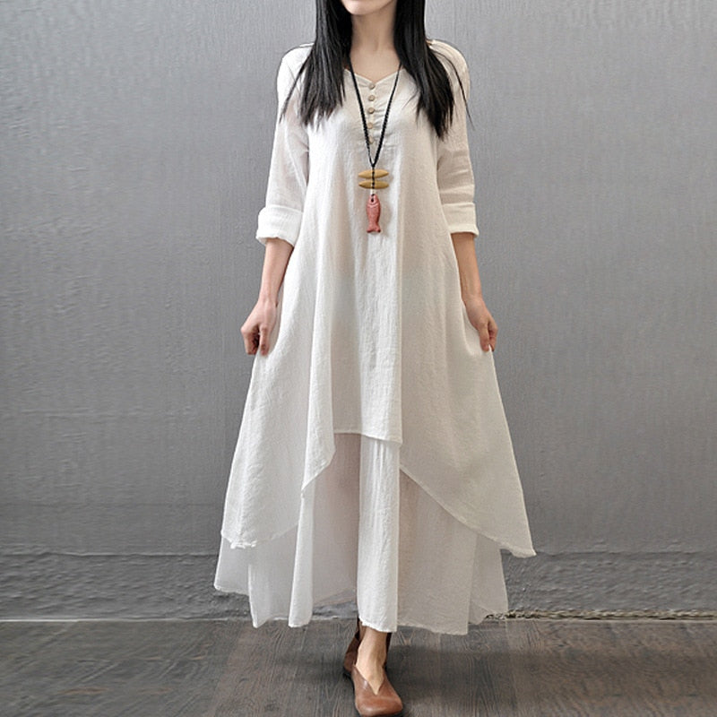 Summer Women Boho Vintage Kaftan Loose Gypsy Maxi Dress Fake Two-piece Literary Irregular Large Swing Dress Robe
