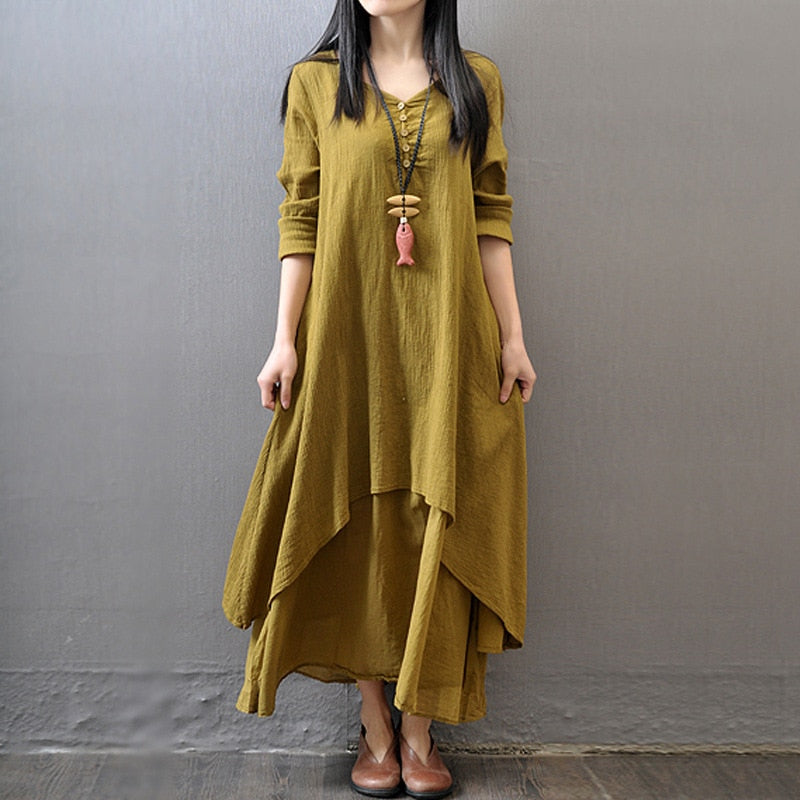 Summer Women Boho Vintage Kaftan Loose Gypsy Maxi Dress Fake Two-piece Literary Irregular Large Swing Dress Robe