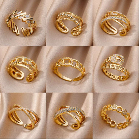 Fashion Gold Color Stainless Steel Rings For Women Chain Hollow Out Crystal Zircon Finger Ring Jewelry 2023 Gift anillos mujer