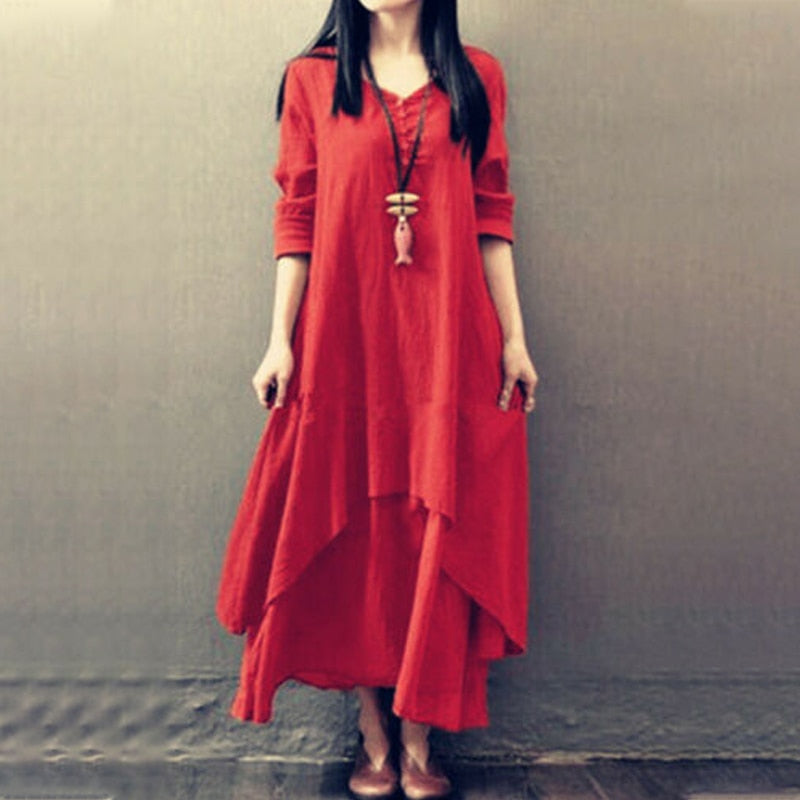 Summer Women Boho Vintage Kaftan Loose Gypsy Maxi Dress Fake Two-piece Literary Irregular Large Swing Dress Robe