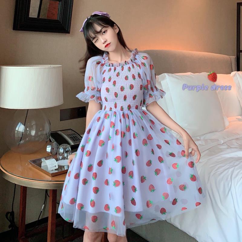Strawberry Dress Women French Style Lace Chiffon Sweet Dress Casual Puff Sleeve Elegant Printed Kawaii Dress Women 2023