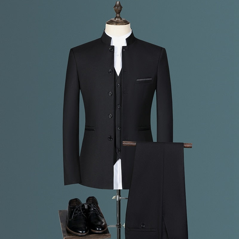 Stand Collar Men Blazer Pants Vest Business Mens Wedding Suit Jacket Coat Trousers Waistcoat High Quality Slim Vest Dress Set