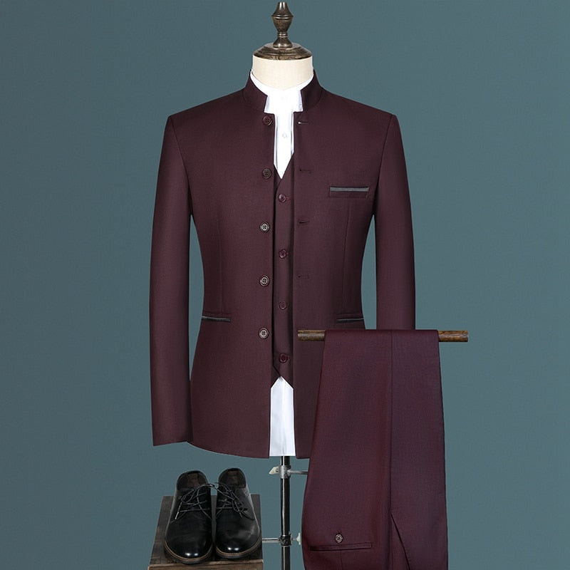Stand Collar Men Blazer Pants Vest Business Mens Wedding Suit Jacket Coat Trousers Waistcoat High Quality Slim Vest Dress Set