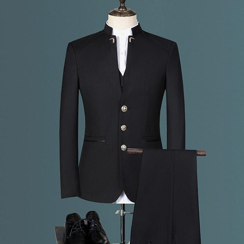 Stand Collar Men Blazer Pants Vest Business Mens Wedding Suit Jacket Coat Trousers Waistcoat High Quality Slim Vest Dress Set
