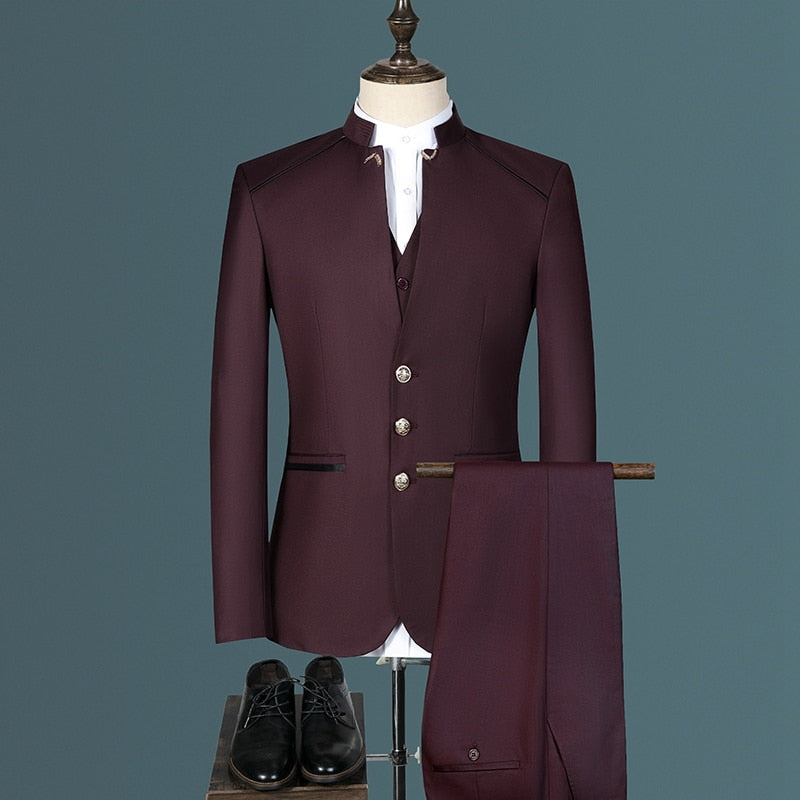 Stand Collar Men Blazer Pants Vest Business Mens Wedding Suit Jacket Coat Trousers Waistcoat High Quality Slim Vest Dress Set