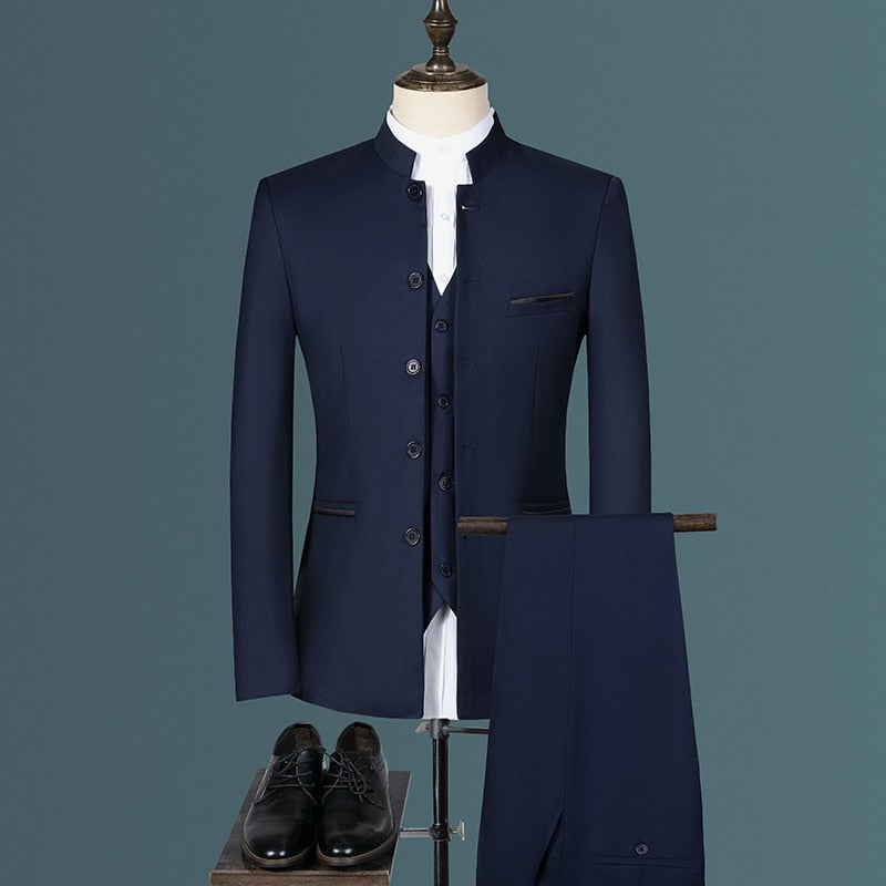 Stand Collar Men Blazer Pants Vest Business Mens Wedding Suit Jacket Coat Trousers Waistcoat High Quality Slim Vest Dress Set