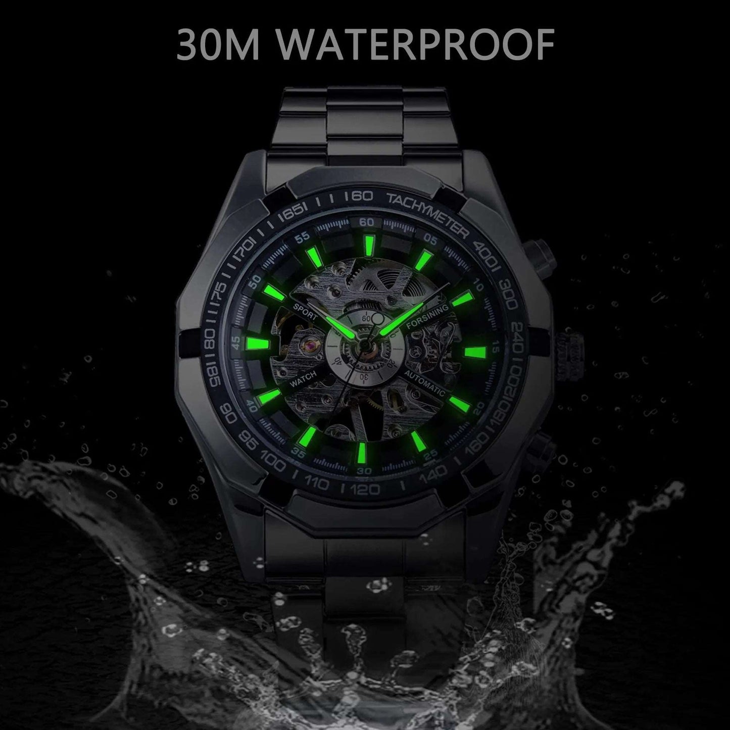 Forsining 2024 Stainless Steel Waterproof Mens Skeleton Watches Top Brand Luxury Transparent Mechanical Sport Male Wrist Watches