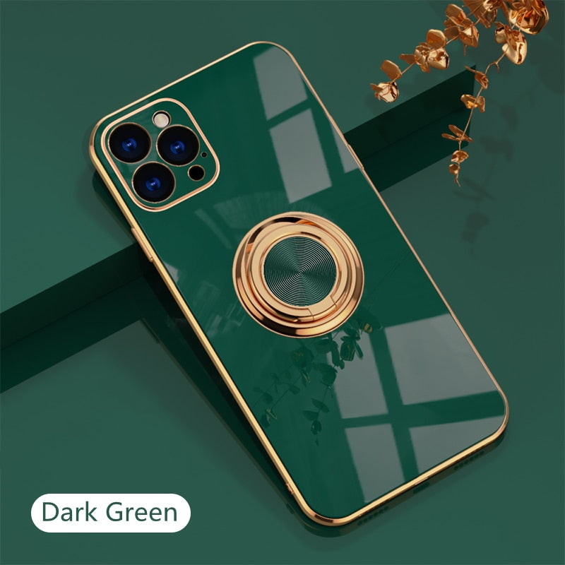 Luxury Plating Silicone Case For iPhone 14 Metal Ring Holder Stand Soft Phone Cover
