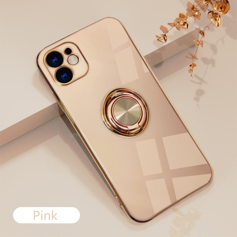 Luxury Plating Silicone Case For iPhone 14 Metal Ring Holder Stand Soft Phone Cover