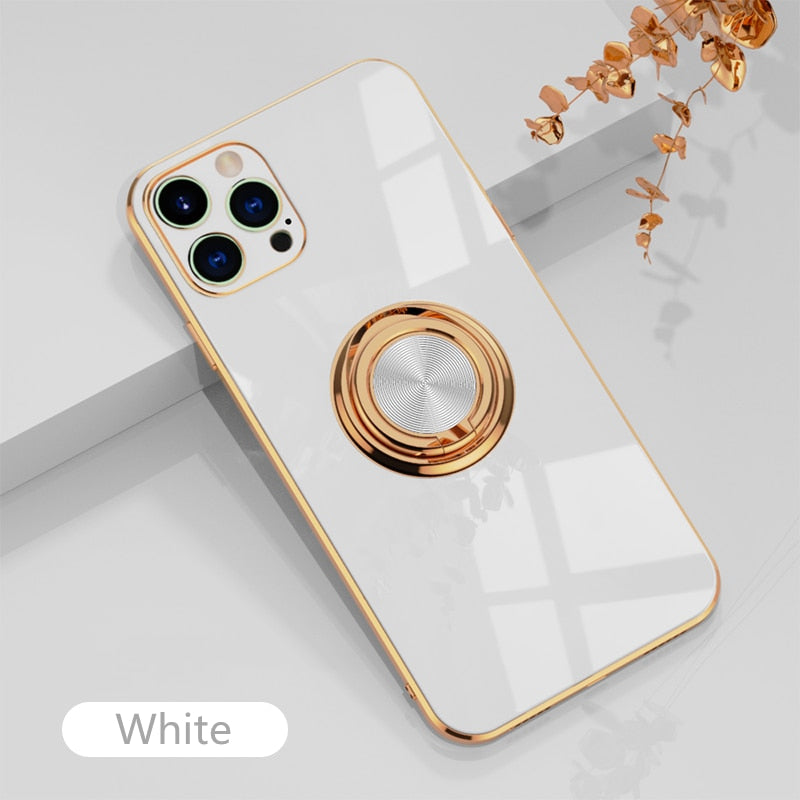 Luxury Plating Silicone Case For iPhone 14 Metal Ring Holder Stand Soft Phone Cover
