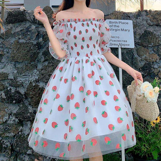 Strawberry Dress Women French Style Lace Chiffon Sweet Dress Casual Puff Sleeve Elegant Printed Kawaii Dress Women 2023