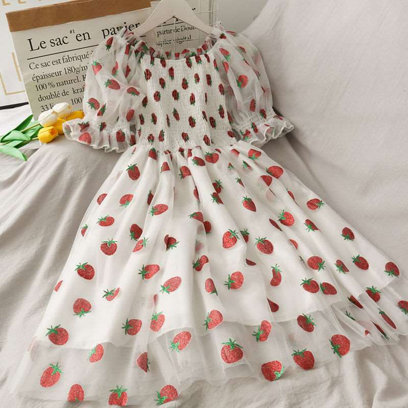 Strawberry Dress Women French Style Lace Chiffon Sweet Dress Casual Puff Sleeve Elegant Printed Kawaii Dress Women 2023