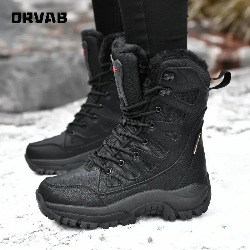 ORVAB Military Boots Leather Combat Boots for Men and Woman Fur Plush Winter Snow Boots Outdoor Army Bots Army Shoes