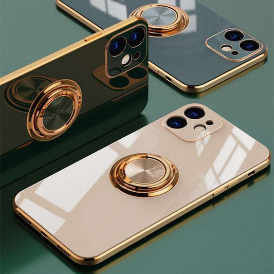 Luxury Plating Silicone Case For iPhone 14 Metal Ring Holder Stand Soft Phone Cover