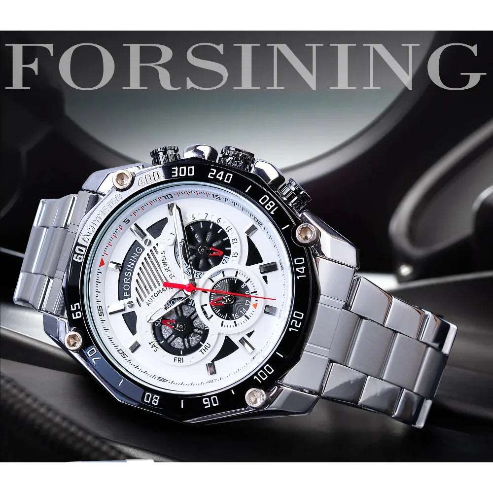 Forsining 2024 Military Silver Clock Steampunk Series Complete Calendar Men Sport Mechanical Automatic Watches Top Brand Luxury