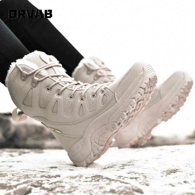 ORVAB Military Boots Leather Combat Boots for Men and Woman Fur Plush Winter Snow Boots Outdoor Army Bots Army Shoes