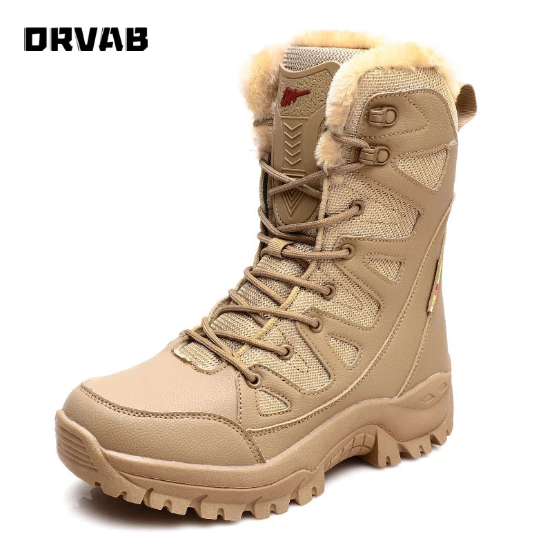 ORVAB Military Boots Leather Combat Boots for Men and Woman Fur Plush Winter Snow Boots Outdoor Army Bots Army Shoes