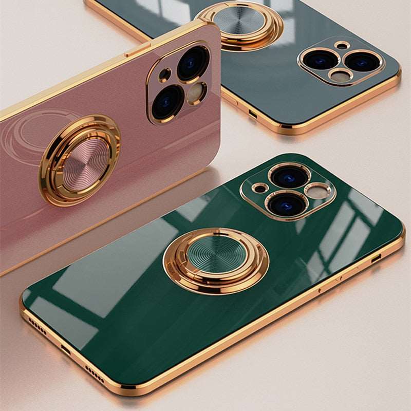 Luxury Plating Silicone Case For iPhone 14 Metal Ring Holder Stand Soft Phone Cover