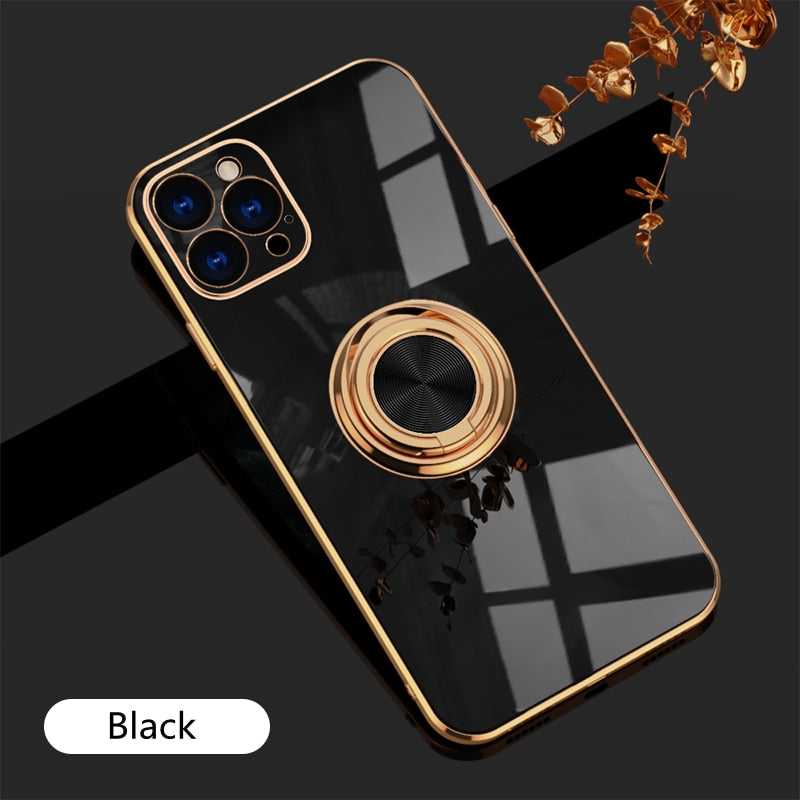Luxury Plating Silicone Case For iPhone 14 Metal Ring Holder Stand Soft Phone Cover