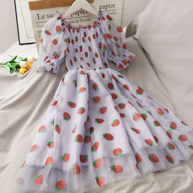 Strawberry Dress Women French Style Lace Chiffon Sweet Dress Casual Puff Sleeve Elegant Printed Kawaii Dress Women 2023