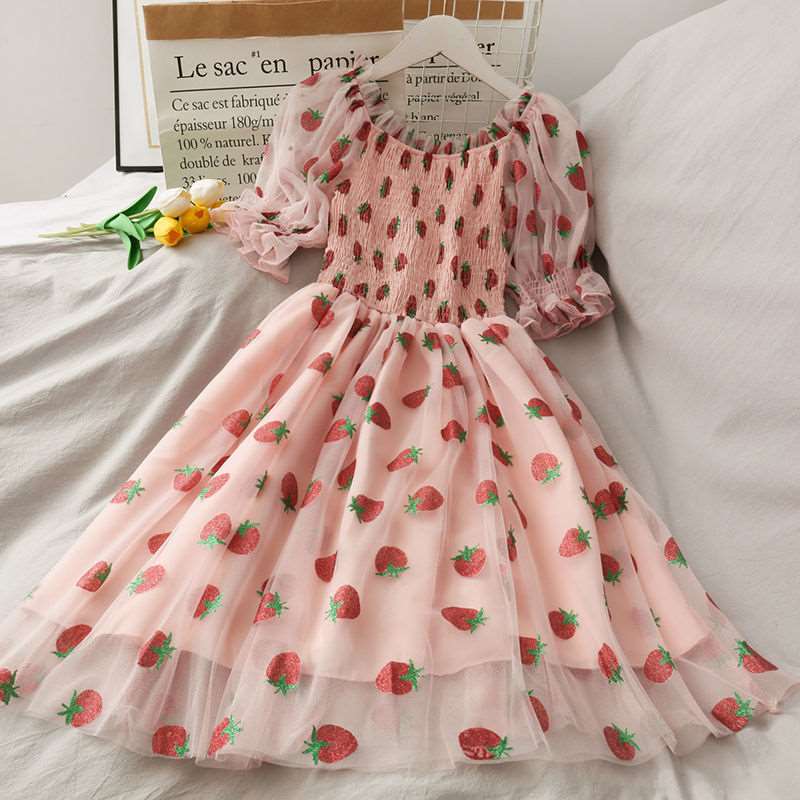 Strawberry Dress Women French Style Lace Chiffon Sweet Dress Casual Puff Sleeve Elegant Printed Kawaii Dress Women 2023