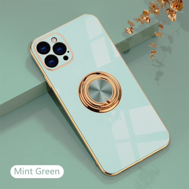 Luxury Plating Silicone Case For iPhone 14 Metal Ring Holder Stand Soft Phone Cover