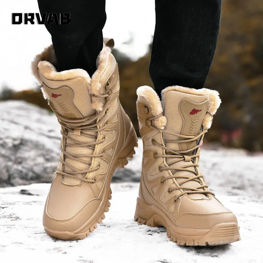 ORVAB Military Boots Leather Combat Boots for Men and Woman Fur Plush Winter Snow Boots Outdoor Army Bots Army Shoes