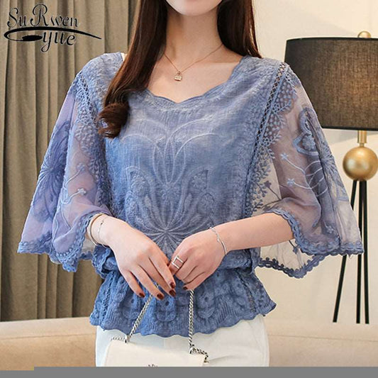 Fashion Women Blouses Spring New Chiffon Blouse Cotton Edge Lace Blouses Shirt Butterfly Flower Women Shirt Tops Blusas