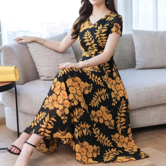 Women Short Sleeve Fashion Elegant Tight Dress Lady Floral Print Women's Waist Large Swing V-Neck Maxi Women's Clothing
