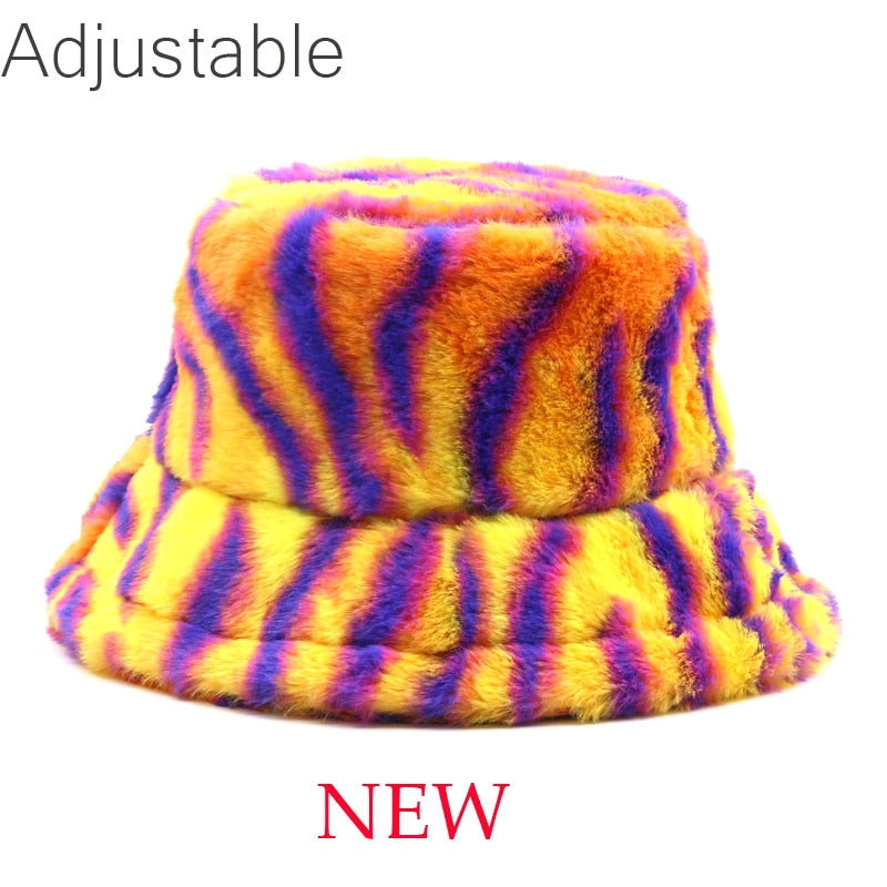 Winter Cow Leopard Faux Fur Fluffy Bucket Hats Women Outdoor Warm Sun Hat Soft Velvet Furry Fisherman Cap Girl Fashion Panama