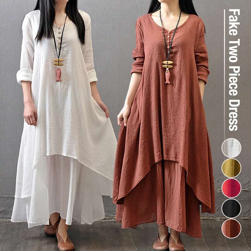 Summer Women  Boho Vintage Kaftan Loose Gypsy Maxi Dress Fake Two-piece Literary Irregular Large Swing Dress Robe