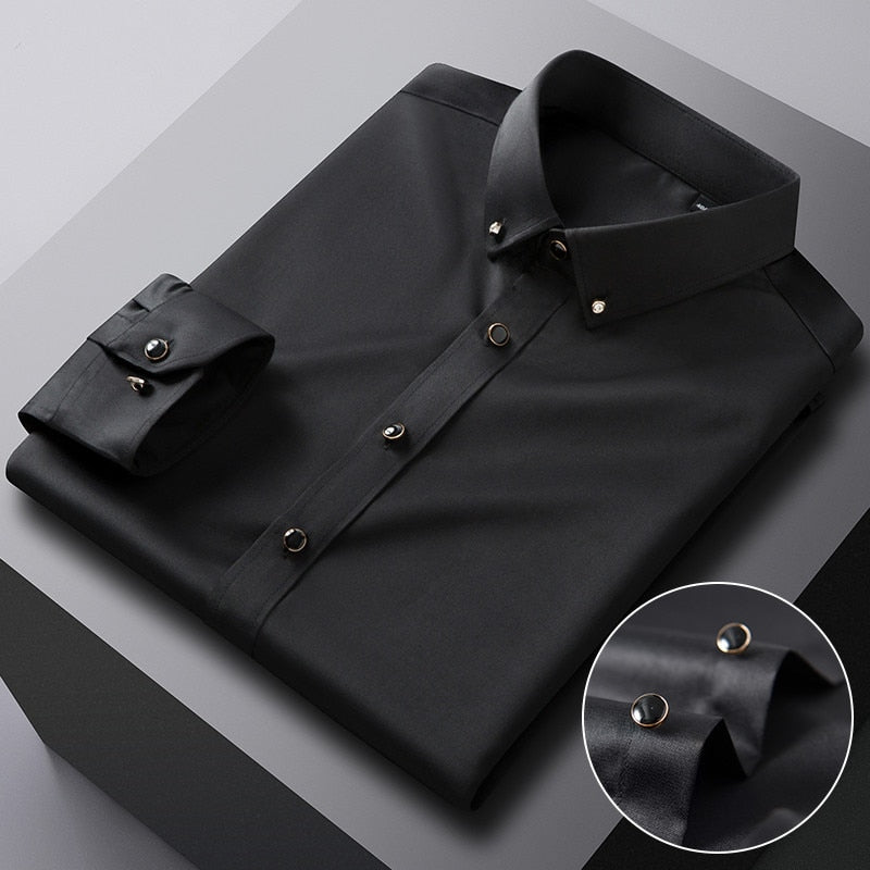 Men's Silk Shirts Long Sleeve Drill Button Solid Color 3XL Silky Business Formal Social No Iron and Wrinkle Soft Fashion Clothes
