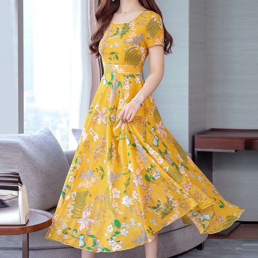 Boho Dress Women Floral Print Wrap Long Holiday Dress Ruffles Female Casual O-Neck Beach A Line Dress Party Vestdos Clothing