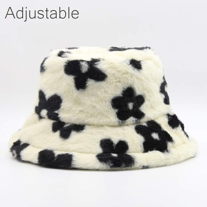 Winter Cow Leopard Faux Fur Fluffy Bucket Hats Women Outdoor Warm Sun Hat Soft Velvet Furry Fisherman Cap Girl Fashion Panama