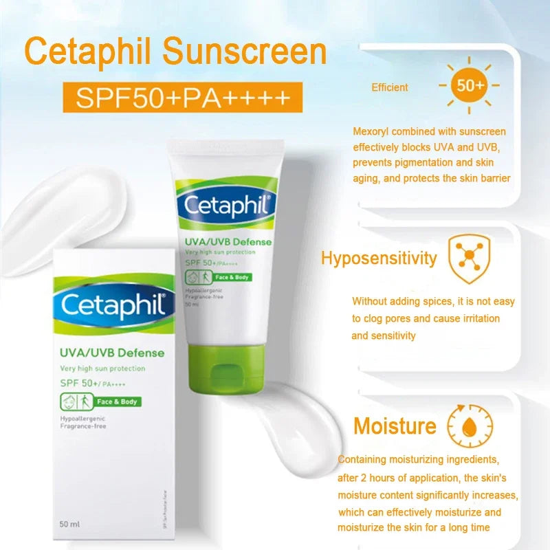 Original Cetaphil Facial Sunscreen SPF 50+ UVA/UVB Defense Waterproof Refreshing Moisturizing Anti Aging Sun Protection Cream