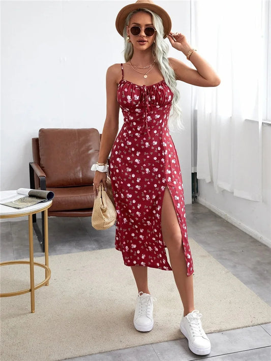 2025 Summer New Style Elegant And Simple Women's Dress Elegant Style Slim Waist Strap Fragmented Short Sleeve Split Dress