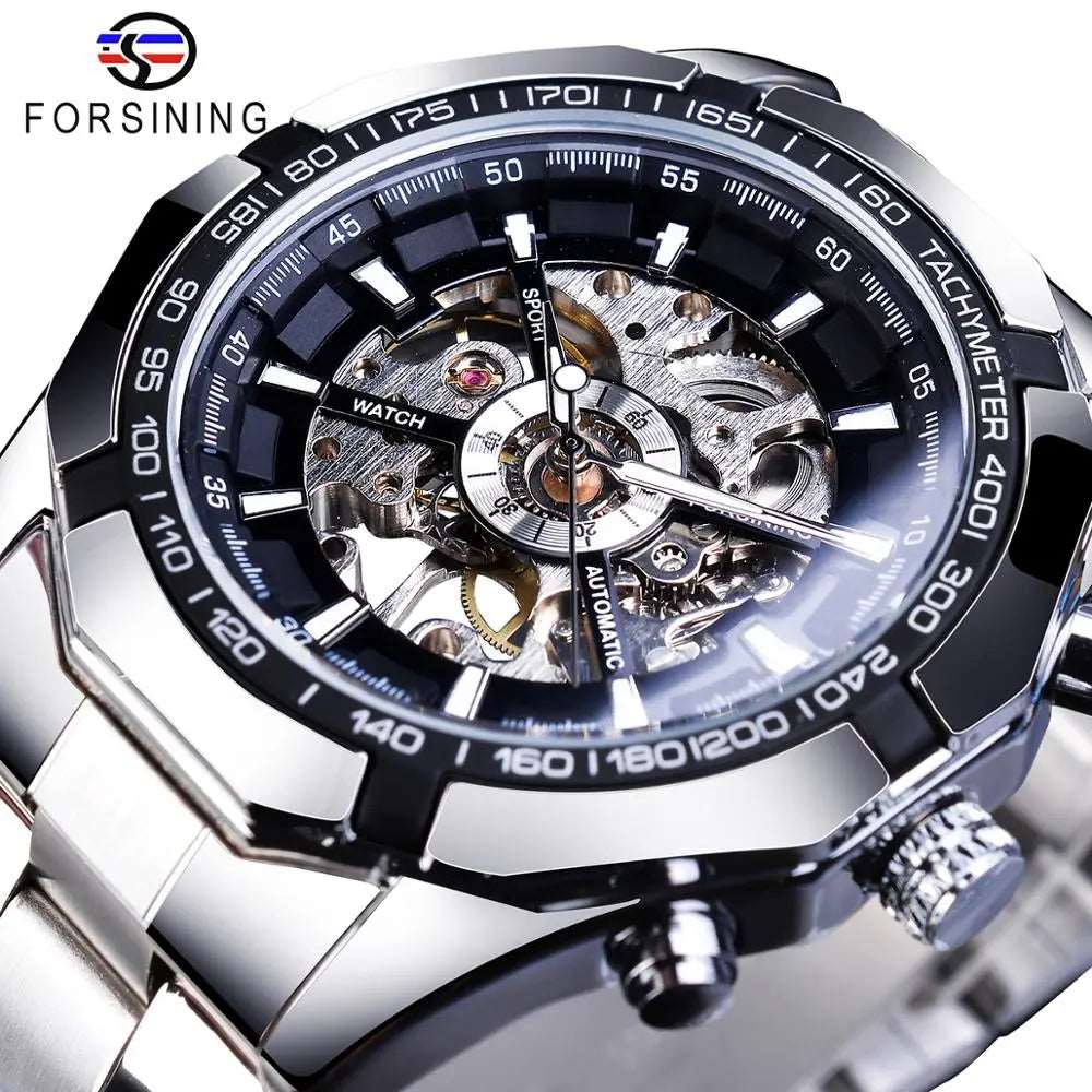 Forsining 2024 Stainless Steel Waterproof Mens Skeleton Watches Top Brand Luxury Transparent Mechanical Sport Male Wrist Watches