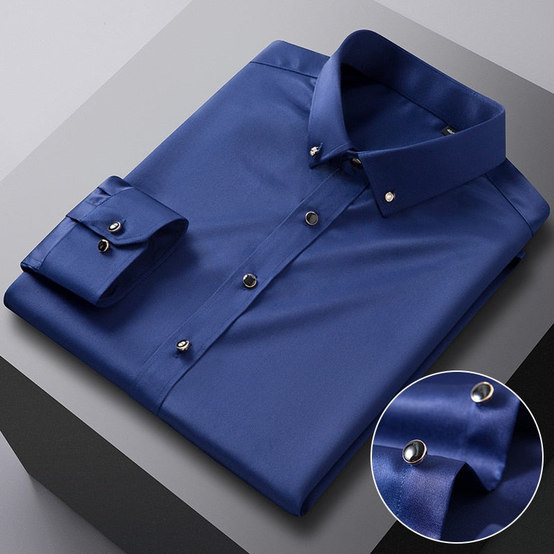 Men's Silk Shirts Long Sleeve Drill Button Solid Color 3XL Silky Business Formal Social No Iron and Wrinkle Soft Fashion Clothes