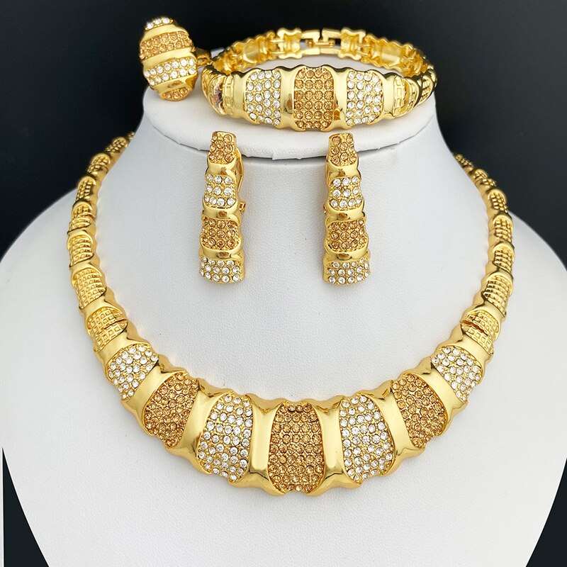 Latest Dubai Gold Color Jewelry Sets Luxury 18K Gold Plated Women Necklaces Earrings Ring Bracelet Wedding Party Accessories