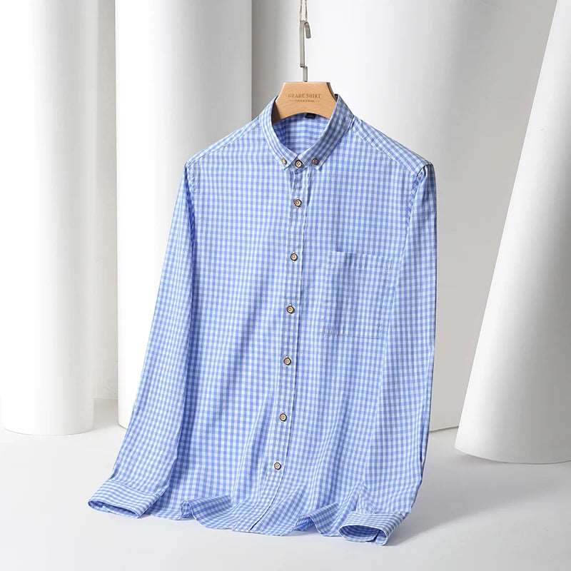 Thin 100% Cotton Plaid Shirts for Men Long Sleeve  Checkered Dress Shirt Mens Blue New  Men Clothing  Button Up Shirt