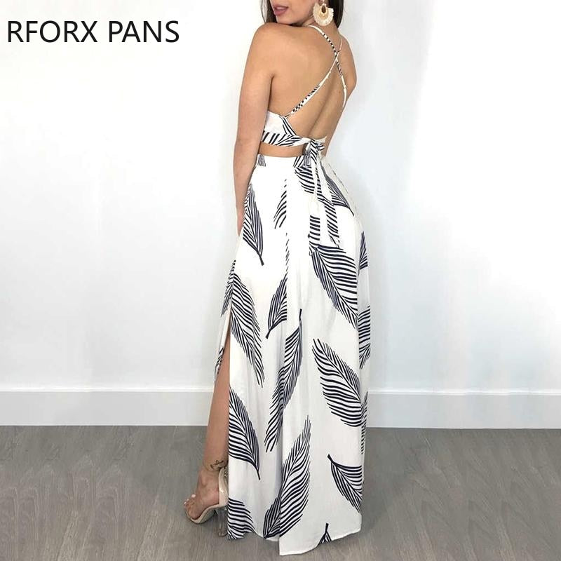 Women Leaf Print Backless Two Pieces Dress Cami Top &amp; Split Maxi Set  Dress