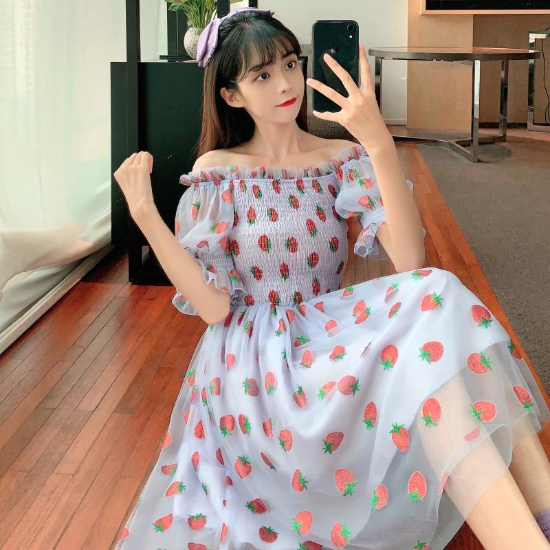 Strawberry Dress Women French Style Lace Chiffon Sweet Dress Casual Puff Sleeve Elegant Printed Kawaii Dress Women 2023