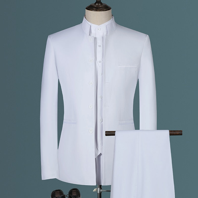 Stand Collar Men Blazer Pants Vest Business Mens Wedding Suit Jacket Coat Trousers Waistcoat High Quality Slim Vest Dress Set